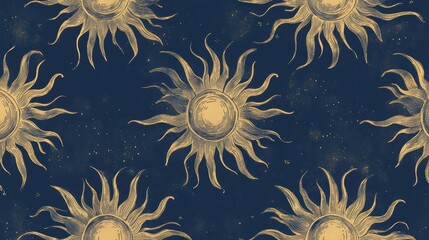 Wall Mural - seamless pattern of golden suns on a dark blue starry background.