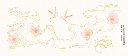 Wall Mural - Luxury oriental river background vector. Chinese and Japanese wallpaper pattern design of gold sea wave, cherry blossom, swallow bird. Design illustration for decoration, wall decor, banner, interior.