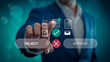 © manik - A digital interface showing a hand interacting with a virtual approval system against a teal-colored background with bokeh effects