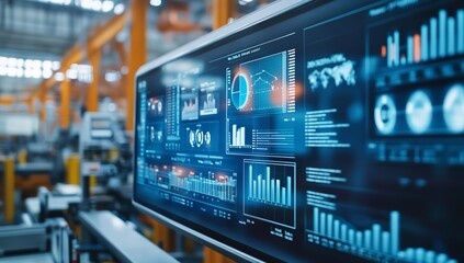 large digital display showing data visualizations and graphs in industrial factory – business analyt