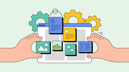 web developer's hands arranging content blocks on a cms interface, vector illustration for content management system development, website customization and user interface design
