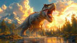 A massive dinosaur roars by a serene river at sunset, surrounded by lush forests and mountains