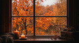 Autumn leaves through window warm colors