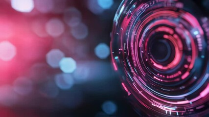 Digital futuristic circular interface with pink and blue bokeh effect. Abstract technology background with glowing neon rings. Modern tech concept for digital transformation