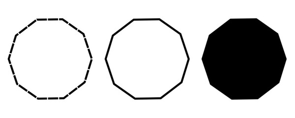 Set of decagon vector shapes including dashed outline, solid stroke, and filled version or silhouette. Ideal for geometry visuals, abstract elements, and infographic design. isolated white background