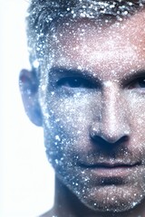 Wall Mural - man face with glowing particles, futuristic cosmic portrait, sci-fi concept of energy and space