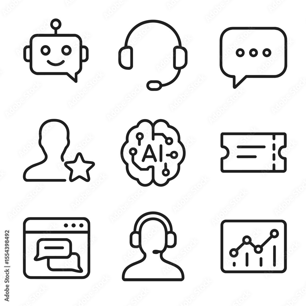 AI Customer Service Icons. Outline icon set of AI-driven Customer Service:  chatbot, headset, speech bubble, user rating star, AI 스톡 벡터 | Adobe Stock
