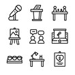 © Coosh448 - Coffeehouse Event Icons. Outline icon set of Coffeehouse Community Events: open mic microphone, poetry reading stand, board game