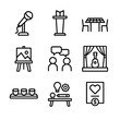 © Coosh448 - Coffeehouse Event Icons. Outline icon set of Coffeehouse Community Events: open mic microphone, poetry reading stand, board game