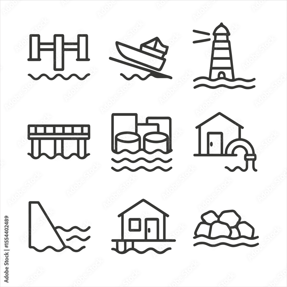 Lake Infrastructure Icons. Outline icon set of Lake Infrastructure ...