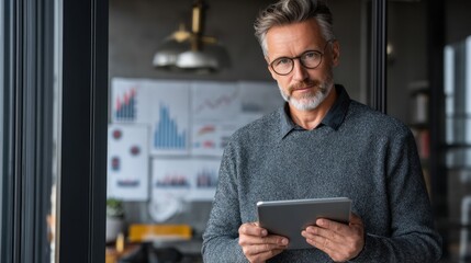 Wall Mural - confident businessman analyzing financial chart on tablet, modern office background, space for text 