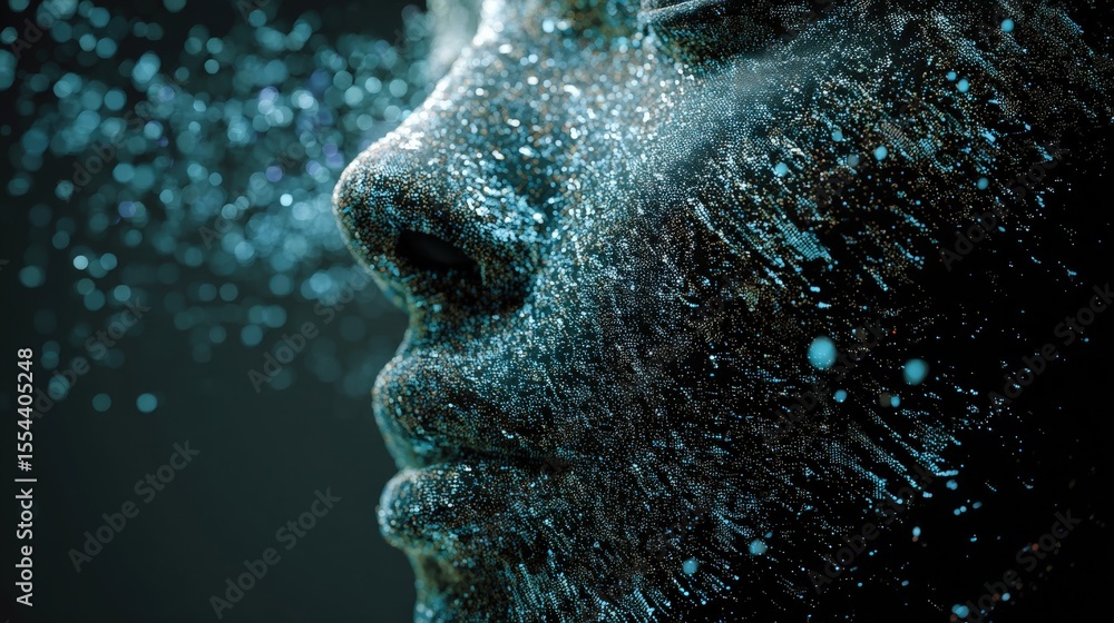 Digital human face made of code and data particles, artificial ...