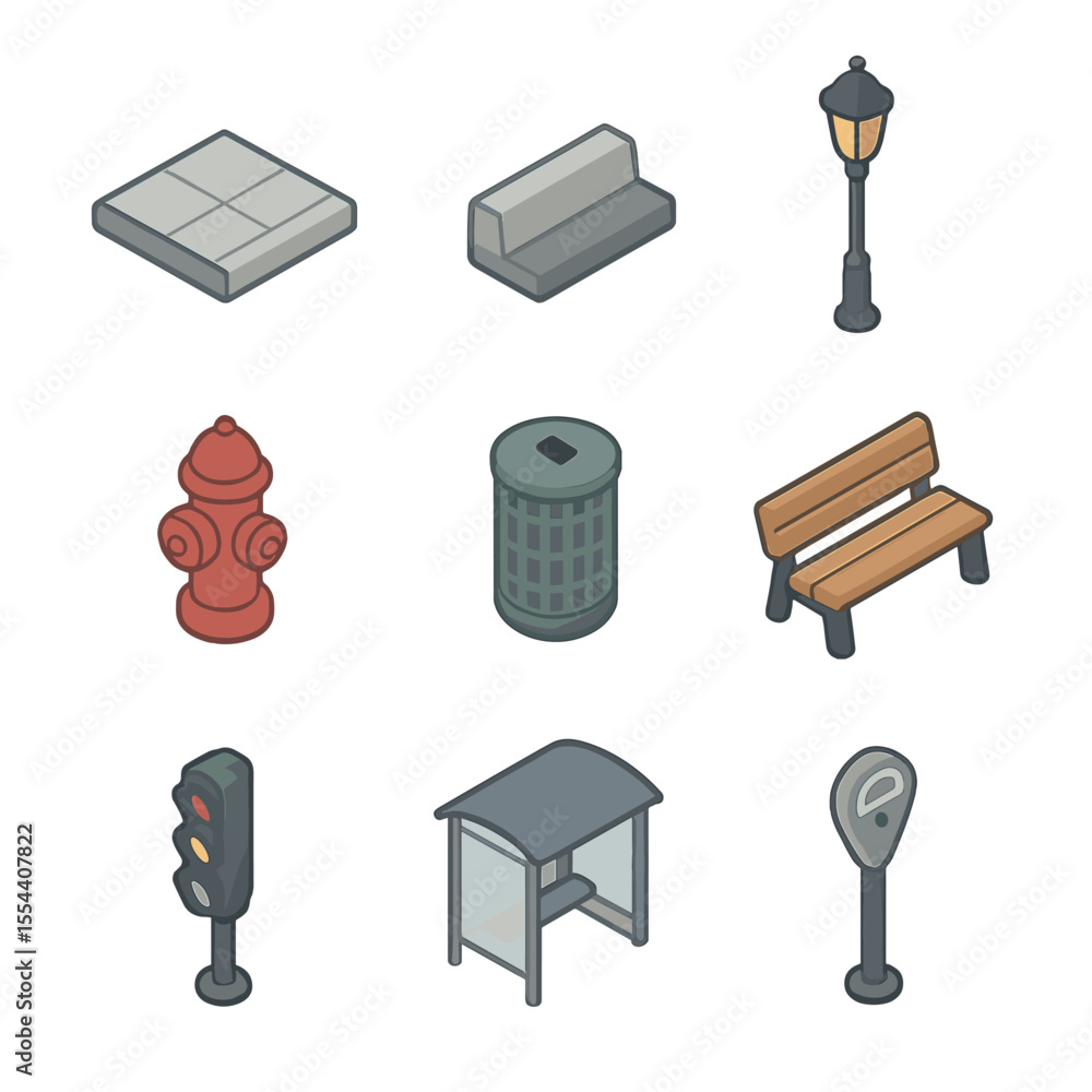 Urban Street Icon Set. Isometric Flat icon set of urban street ...