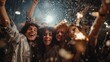 © Attasit - Group of friends celebrating New Year Eve with confetti and sparklers, joy and energy, space for festive message