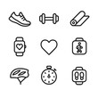 © Влада Яковенко - Fitness Icon Set. Outline icon set of physical activity and exercise tracking: running shoe, dumbbell, yoga mat, smartwatch