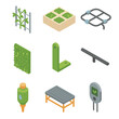 © Влада Яковенко - Green Wall Icon Set. Isometric Flat icon set of vertical green wall installations: climbing vine trellis, modular planter box,