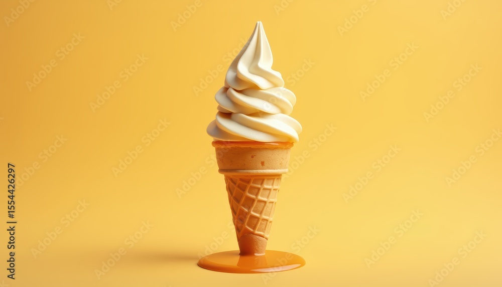 Creamy Soft Serve Ice Cream Cone against Bright Yellow Background with ...