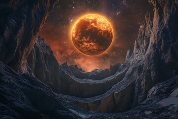• glowing trench carved in rock with an amber planet rising in a cosmic sky