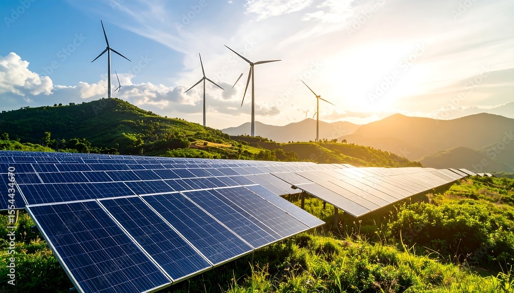 Wind turbines and solar panels on green hills show a clean energy ...