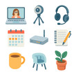 © Влада Яковенко - Teletherapy Icon Set. Isometric Flat icon set of teletherapy setup: laptop with video call, webcam on tripod, headset with mic,