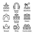 © Влада Яковенко - Venue Icon Set. Outline icon set of venue selection: ballroom, garden venue, beachfront, marquee tent, rooftop terrace, historic