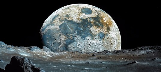 Wall Mural - a panoramic view of the moon s vast and untouched terrain, showcasing the infinite cosmos beyond
