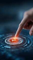 Wall Mural - finger pressing a futuristic 'ai' button, glowing on a dark background