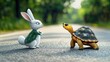 © anna - White rabbit and tortoise face each other on asphalt, evoking the classic tale of speed vs. perseverance.