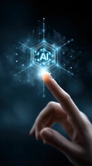 Wall Mural - hand touching digital ai hexagon, glowing interface on blurry, dark background