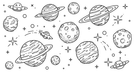 Wall Mural - outer space adventure: black and white vector illustration for kids - doodle planets and stars