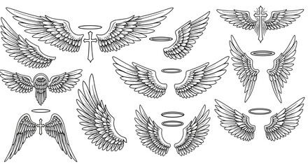 Angel wings vector illustration set for tattoo and design in line style