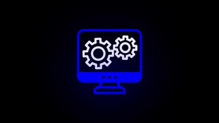 Animated neon computer monitor with cogwheel icons on a dark black background