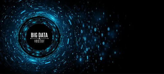 Futuristic big data visualization concept. Digital circles of decaying geometric shapes with binary code and glowing circuit elements into cyberspace. Global communication networks. Vector.