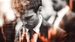 © ngalong project - Man in suit with stock market chart overlay looking down in a blurred scene.