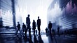 © ngalong project - Silhouettes of business people stand in front of blurred city buildings and graphs.