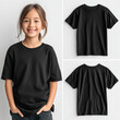 © Alena - Collage of standing young girl model in black tshirt mockup and lying tee, front and rear side mockup. Kids flat lay t-shirt front and back view. Youths blank short sleeve crewneck tee template