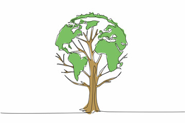 Wall Mural - single one line drawing a tree whose leaves form a globe. a sign. symbolism. a dense tree is good fo
