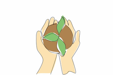 Wall Mural - single continuous line drawing two hands holding a newly grown tree with its soil. people who care a