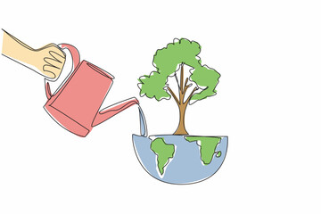 Wall Mural - single continuous line drawing a hand watering a tree on half the globe using a watering can. an act