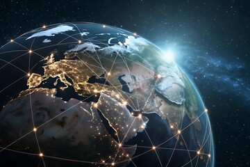 Wall Mural - A stunning view of the blue Earth in space, a globe illuminated by the sun with visible continents, stars, and galaxies
