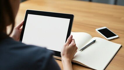 Woman Using Tablet Computer at Desk with Notebook and Phone