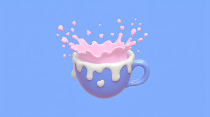 Wall Mural - Blue cup with white and pink liquid splashing out, creating playful and whimsical scene, set against solid light blue