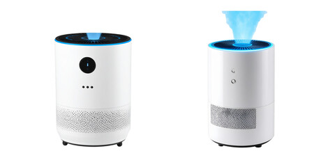 Wall Mural -  Modern White Air Purifier with Blue LED Ring and Gentle Vapor Flow, isolated on transparent background PNG 