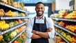 © Ariep - Friendly Grocer Smiles in Produce Aisle with Welcoming Customers in Supermarket.