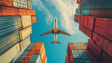 Flying freight plane and cargo port background for supply chain and global logistics theme