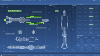 Intricate and detailed schematics of an innovative futuristic rocket design that showcases various engineering elements