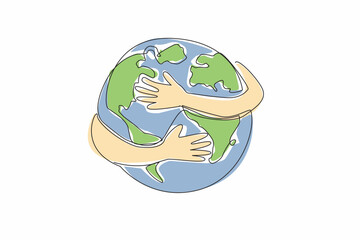 Wall Mural - single continuous line drawing 2 hands hugging a heart shaped globe. symbolism of doing whatever it 
