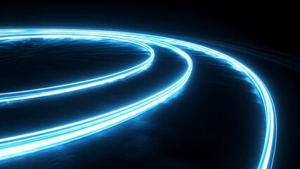 Wall Mural - glowing blue curved neon lines on dark surface with smooth motion.