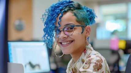 Poster - a woman with bright blue hair and glasses sitting in front of a computer, focused on her work