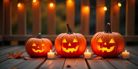Wall Mural - Three carved pumpkins with lit candles on a wooden deck, bathed in warm light,with three carved pumpkins arranged in a horizontal row.  Background with halloween pumpkins, candles and autumn leaves